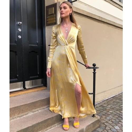 Sexy Bright Yellow Print Deep-V Neck Twisted Wrap Satin Maxi Flowy Dress Long Sleeve Slit Dance Party Event Prom Night Out Gown