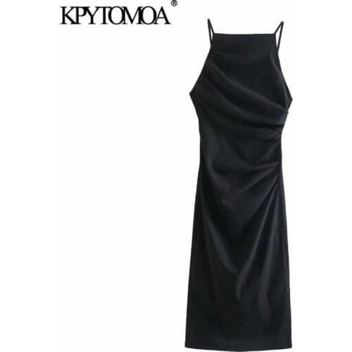 KPYTOMOA Women 2021 Fashion Pleat Detail Fitted Midi Dress Vintage Backless Zipper Thin Straps Female Dresses Vestidos Mujer
