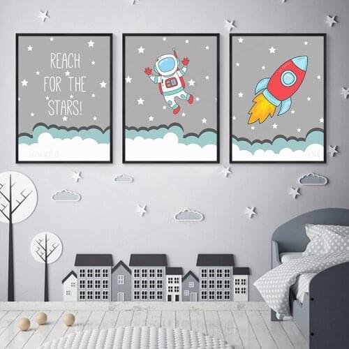 Cartoon Letters Poster Astronaut Rocket Stars Canvas Paintings on The Wall Art Pictures Kids Playroom Childrens Room Wall Decor