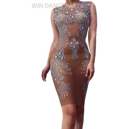 Silver Crystal Perspective Dress Sexy Stretch Party Celebration Rhinestone Dress Women See Through Nightclub Prom Bodycon Dress