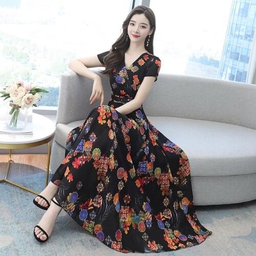 Chiffon floral dress female summer 2020 new Korean version of large size temperament big pendulum slim waist dress