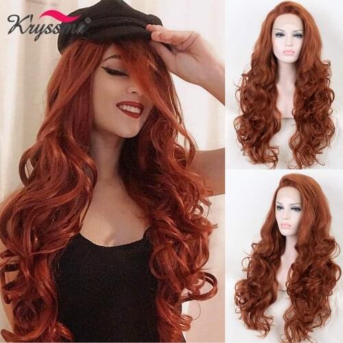 Kryssma Synthetic Lace Front Wigs Copper Red Long Wavy Wigs For Women Cosplay Wigs For Party Heat Resistant Fiber Hair