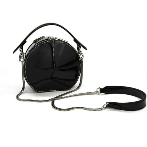 Metallic genuine leather totes bag double zippers chains real leather crossbody bags Patent leather circular bags