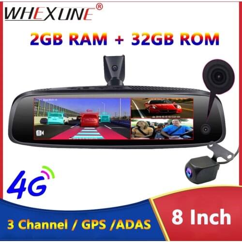 WHEXUNE 4G 3-CH Car DVR ADAS Android Rearview Mirror 1080P Special Bracket Auto 8" DashCam Camera for Uber Taxi 2019 New 2+32GB