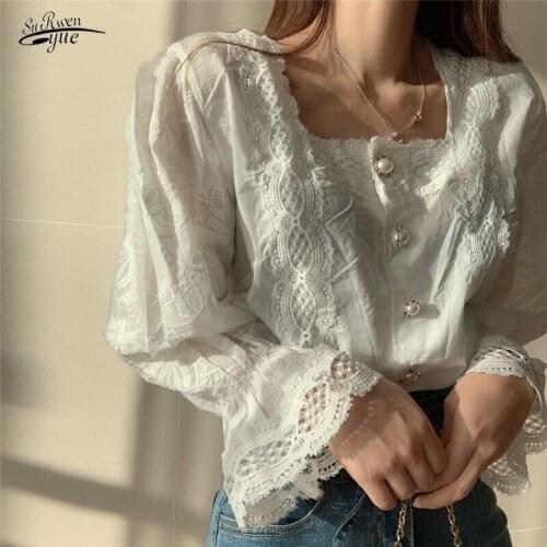 Women Lace Clothes Square Collar Long Flare Sleeve Shirts Korea Chic Shirt Vintage Hollow Flower Pearl Button Tops Blusas 13688