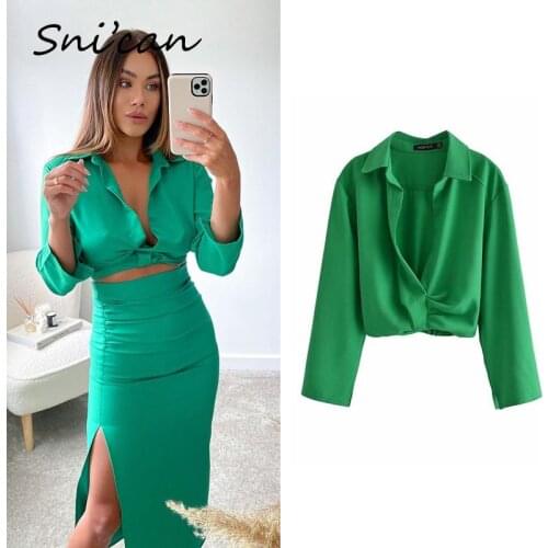 Solid Green Fashion Cropped Blouse Turn Down Collar V Neck Long Sleeve Summer Vintage Ladies Shirts Za 2021 Women Chic Tops New