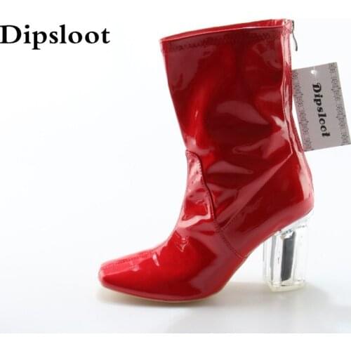 New Womens Boots Patent Leather Red Short Boots Sexy Fashion Pointed Toe Back Zipper High Heels Mid Calf Boots Womens Shoes