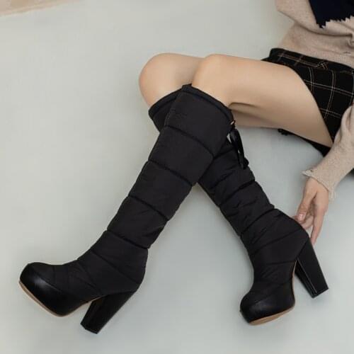 Russia Winter Snow Boots Women 2020 Keep Warm High Heel Platform Shoes Woman Knee High Boots Red Black Size 34-43