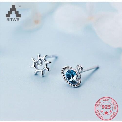 Hot Style 925 Sterling Silver Mix Personality Blue Zircon Crescent Planet Sun Universe Stud Earring Women Jewelry