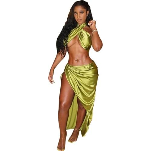 XLLAIS Satin Summer Beach Skirts Sets Women Sexy Green Sleeveless Tank Tops Slit Ruched Bottoms Party Birthday Two Piece Outfits