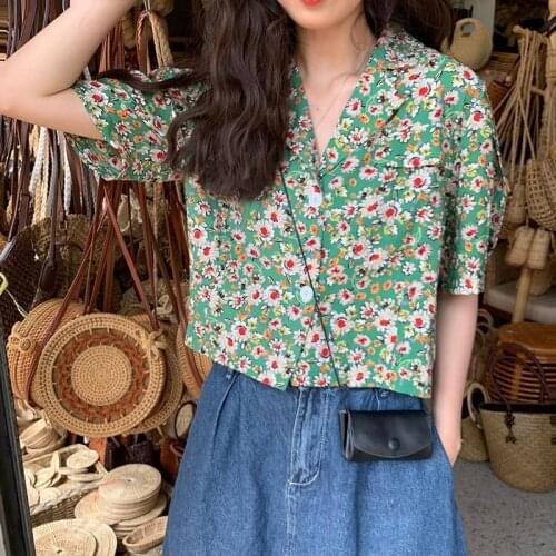 Print Floral Vintage Sweet Notched Blouse Summer 2020 Elegant Casual Women Loose Retro Fashion All-Match Shirts Tops