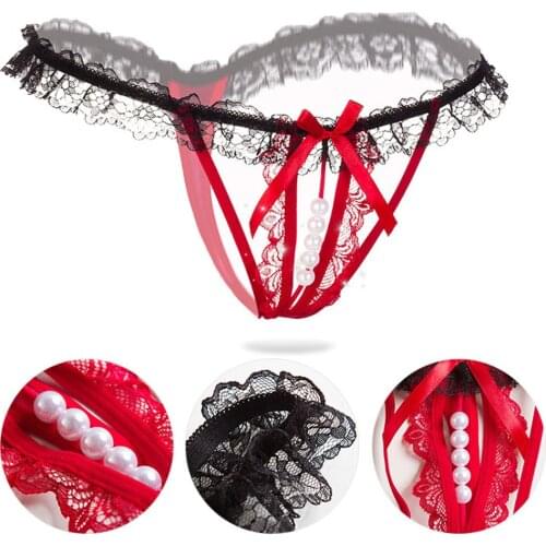 Womens Sexy Open Crotch Lingerie Bow Knot Crotchless Pearl Lace Thongs Panties G-String Erotic Underwear Intimates