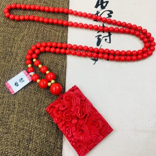 Zheru natural carved ore cinnabar large flying dragon pendant with multi-color bead necklace men and women sweater chain