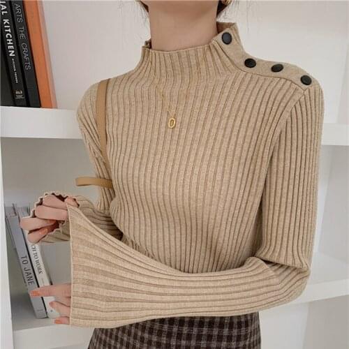 2021 Button Pullovers Womens Sweaters Autumn Winter Tops Half High Collar Long Sleeve Slim-fit Knitted Sweater Female