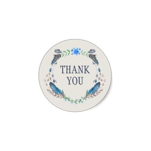 3.8cm Watercolor Floral Boho - Feathers | Thank You Classic Round Sticker
