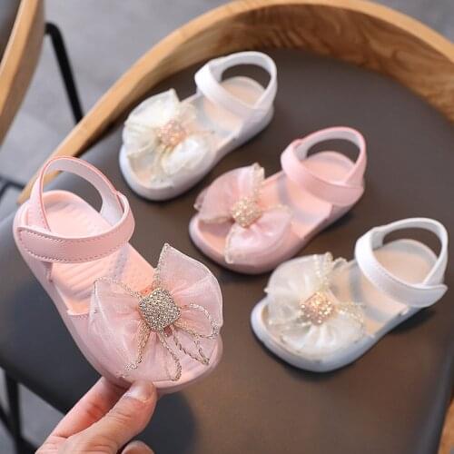Comfortable Flat Baby Toddler Shoes Soft Bottom Little Girl Sandals Summer Princess Shoes Kids Casual bowknot rhinestone Pink