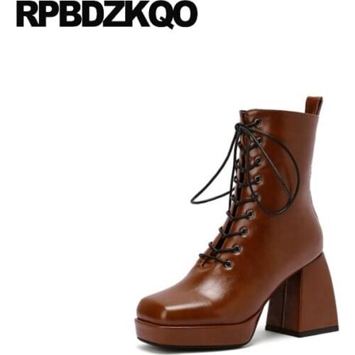 Side Zip Boots Square Toe Women Ankle Plus Size Brown Waterproof Vintage Lace Up Platform Chunky Big Winter High Heel 11 Shoes