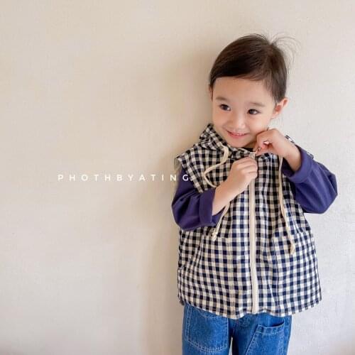 2021 Childrens Clothing Autumn New Product Childrens Korean-Style Hooded Plaid Vest Girls' Autumn Jacket
