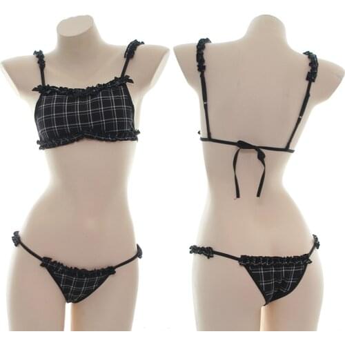Elegant Plaid Printing Bikini suit Japanese Girl Lace-up Underwear Set Sexy Lolita Sleepwear Bow Camisole + Panties Intimate Set