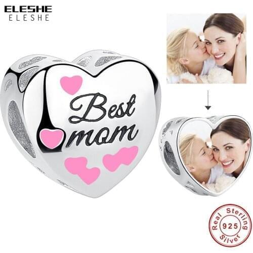 ELESHE 100% 925 Stering Silver Heart Best MOM Bead Personalized Custom Photo Charms Fit Original Bracelet DIY Jewelry Making