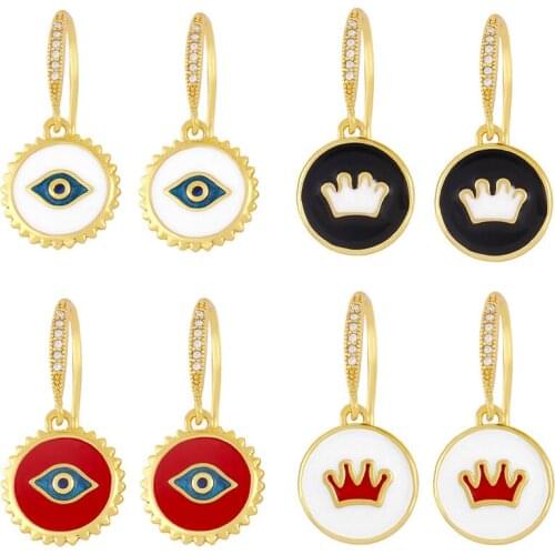 FLOLA Copper Small Zircon Crown Evil Eye Earrings Cute White Stone Enamel Gold Drop Earrings Gifts Jewelry For Women ersx66