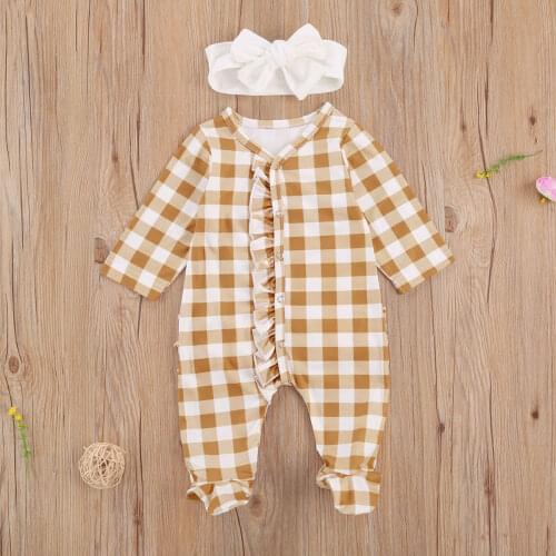 Emmababy Newborn Baby Girl Clothes Plaid Printed Ruffle Long Sleeve Cute Footed Pajamas Romper Jumpsuit One-Piece Outfit Clothes
