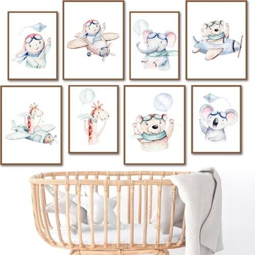 Bunny Elephant Bear Koala Giraffe Plane Pilot Wall Art Canvas Painting Nordic Posters And Prints Wall Pictures Kids Room Decor