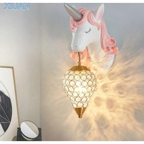 Cartoon Blue Pink Unicorn Wall Light for Girl Boy Bedroom Decorations Crystal Lampshade Wall Bracket Lamp Nursery School Fixture