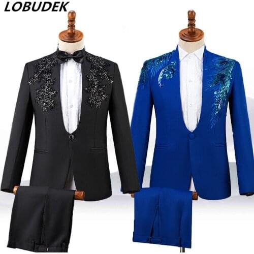 Male Black Blue Double-side 3D Sequins Embroidery Flowers Stage Singer Suits Costume Nightclub Bar Wedding Blazer With Pants Set