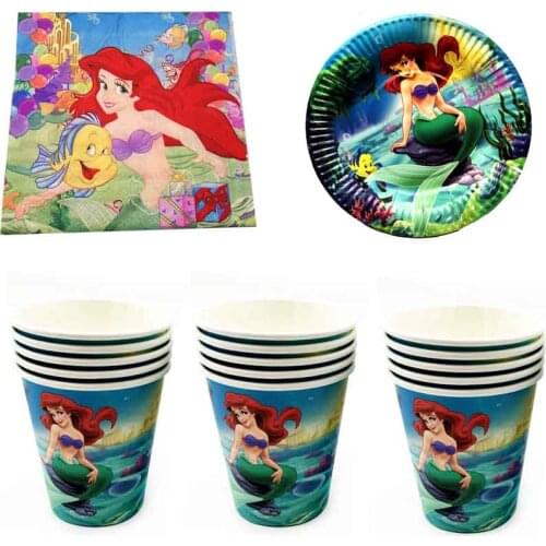 Little Mermaid Ariel Theme Tableware Set Napkin Happy Birthday Party Towels Plates Cups Baby Shower Decorations Dishes 60pcs/lot