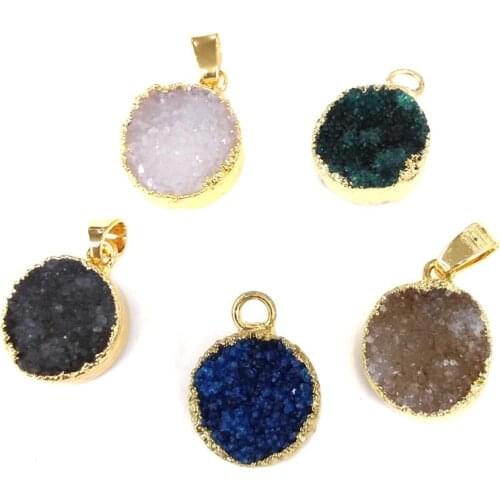 Natural Stone Pendants Golden-plated Round Crystald Cluster Jewelry Making Supplies Charm Accessories Gift for Women 15x26mm