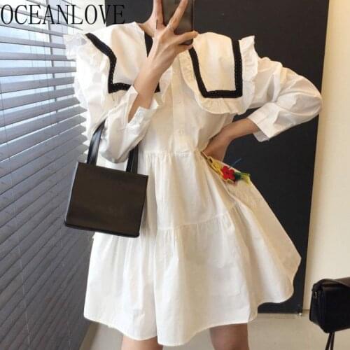 OCEANLOVE Japan Style Women Dresses Sailor Coillar Vintage Long Sleeve Autumn Korean Chic Robe Femme Elegant Ruffles Vestidos