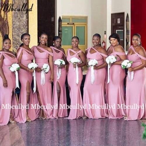 2021 Bridesmaid Dresses African Long Mermaid Sweep Train Pink Side Slit Wedding Party Dress Robe De Soiree De Mariage