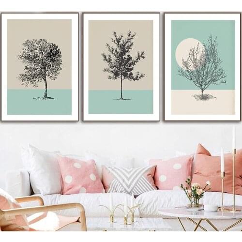 Green Tree At Minimalist Poster Vintage Colorful Canvas Painting Scandinavian Wall Pictures for Living Room Home Decor No Frame