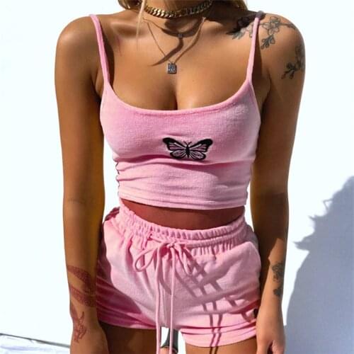 Casual Sports Run Elastic High-Waist Shorts Womens Butterfly Clothes Set Streetwear Sportswear Sleeveless Cropped Shirt Lace-up