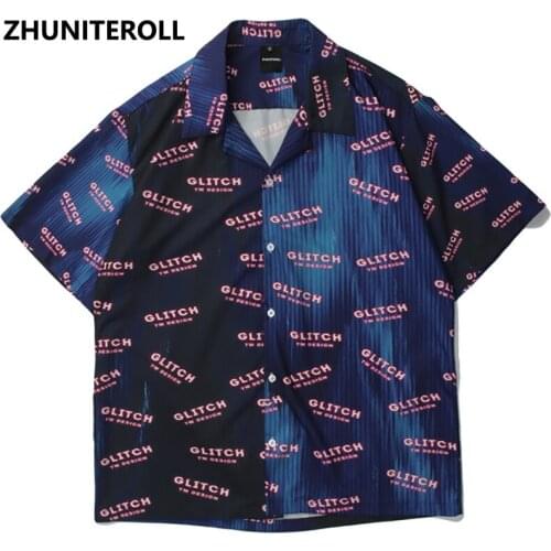 Harajuku Beach Punk Shirts Letter Print Gradient Hip Hop Button Shirt Mens Fashion Casual Short Sleeve Holiday Party Blouse Tops