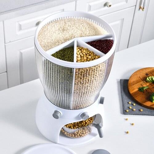 Rotating Rice Dispenser Container With Measuring Cup Press To Dispense Divided Design Sealed Kitchen Grain Bucket Tank