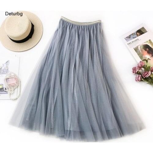 Womens Elegant Big Hems Mesh Midi Skirt Female High Waist Shining Metal Color Pleated Mermaid Skirts Faldas 2021 Autumn Sk836