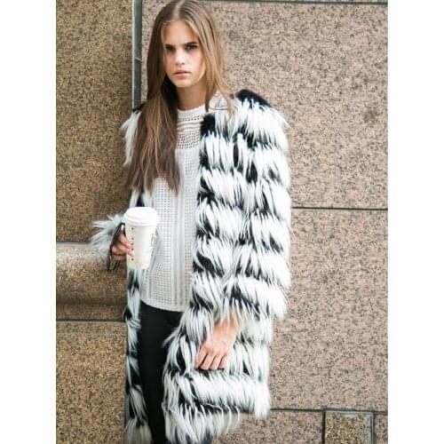 Black and White Stripes Faux Silver Fox Fur Coat Womens Clothing Winter Fourrure Femme New Fashion Street Russia Fluffy Jacket