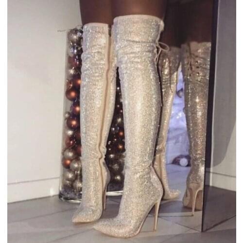 Moraima Snc Gold Pointy Toe Sparkly Stiletto Thigh high Long Boots Sexy Crystal Embellised Woman Thin Heels Boots