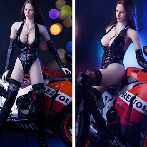 CJG-W050 1/6 Female Black Exposed Chest Leather Jumpsuit & Long Boots Set Model for 12'' Seamless Large Chest Body