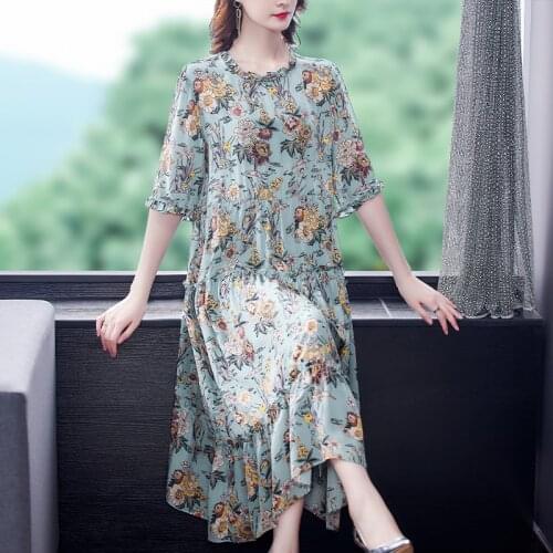 2021 Summer Print Mulberry Silk Beach Maxi Sundress Spring Loose 4XL Plus Size Midi Dresses Women Elegant Bodycon Party Vestidos