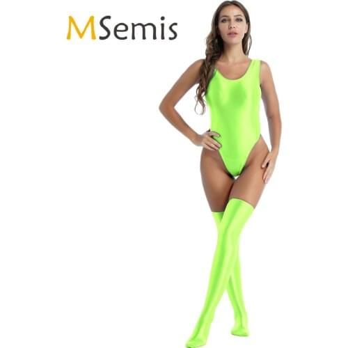 Womens Lingerie Clubwear High Cut Bodysuit with Stocking Round Neck Swimsuit Sleeveless Glossy Stretchy Swimming Suit Swimwear
