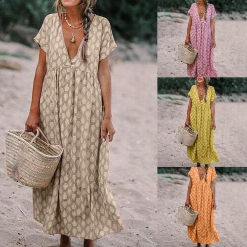 Women Dress Casual Short Sleeve Summer Dresses Floral Print Maxi Dress Loose Beach Style Dresses