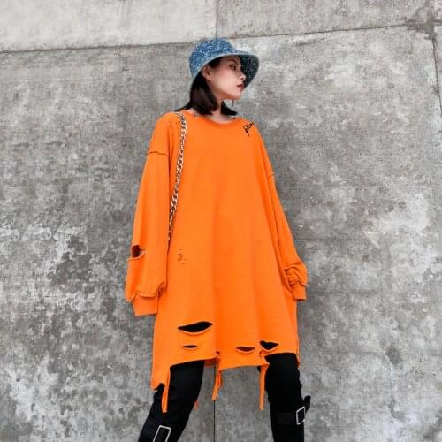Oversized Hoodie Dress Women Korean Long Sleeve Basic Sweatshirts Holes Tear Hem Embroidery Letters 6 Colours Autumn Winter 2020
