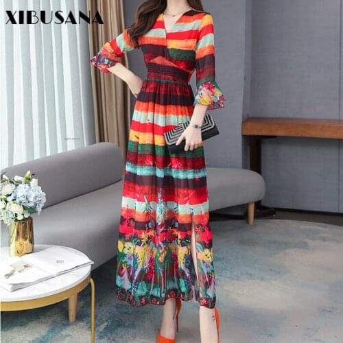 Women Short Sleeve V-Neck Silk Folk-Custom Dress Summer Holiday Boho Beach Printed Long Dress Female Plus Size 4XL Vestidos New