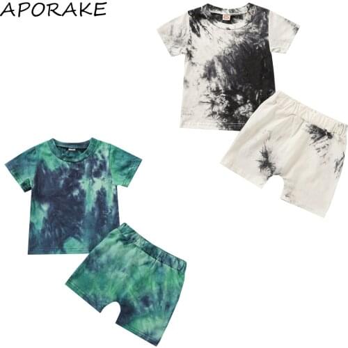 2021 0-5Y Casual Kids Baby Boy Girl Clothing Tie Dye Print Knitted Short Sleeve T-shirt Top+Shorts Loose 2pcs Outfits Set