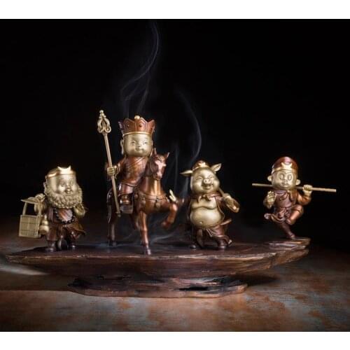 50 cm Chinese Art Deco Pure Brass painted Tang Monk master apprentice sculpture Decoration Home Furnishings Gift Statue