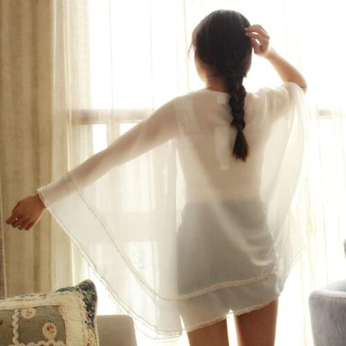 White Bohemian Chiffon Beach Dress Flimsy Perspective Pareo For The Beach With Double Row Metal Beads Women Beach Cloak Cover