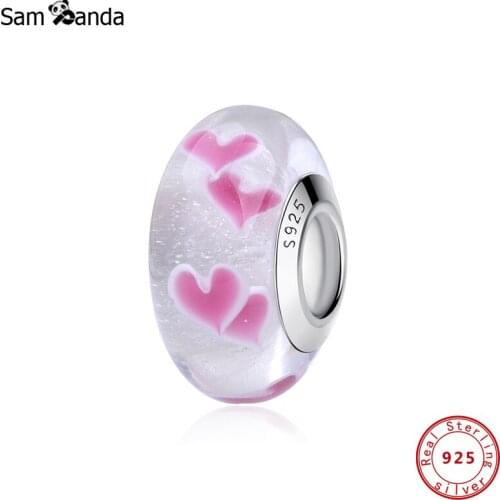 925 Sterling Silver Original Charms Glass Beads Fit Bracelet Diy Heart Bead Pink Jewelry Making Women Accessories